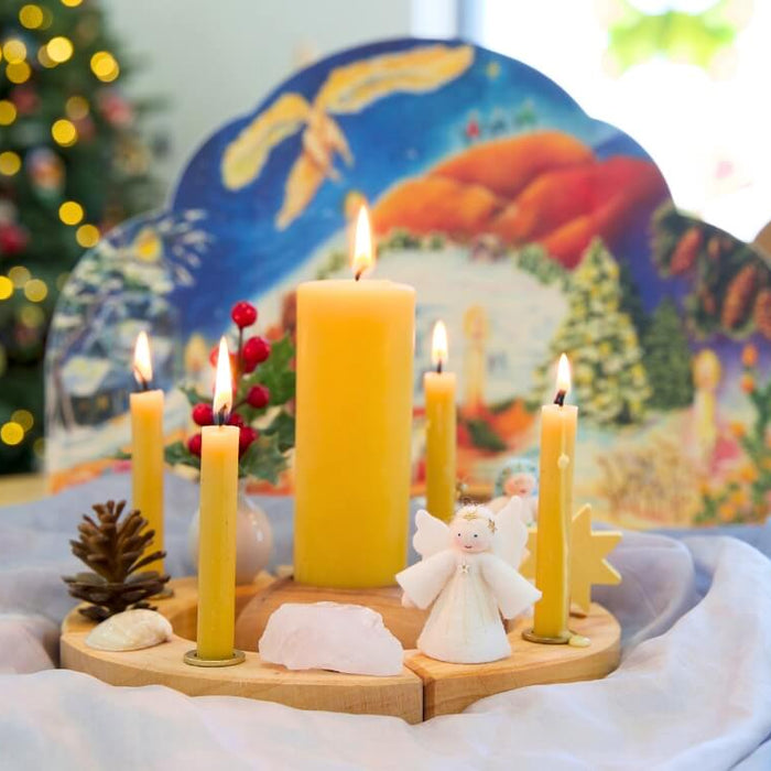 Celebrating Advent with Grimm's Celebration wheel, candles and traditional advent calendar at Oskar's Wooden Ark in Australia