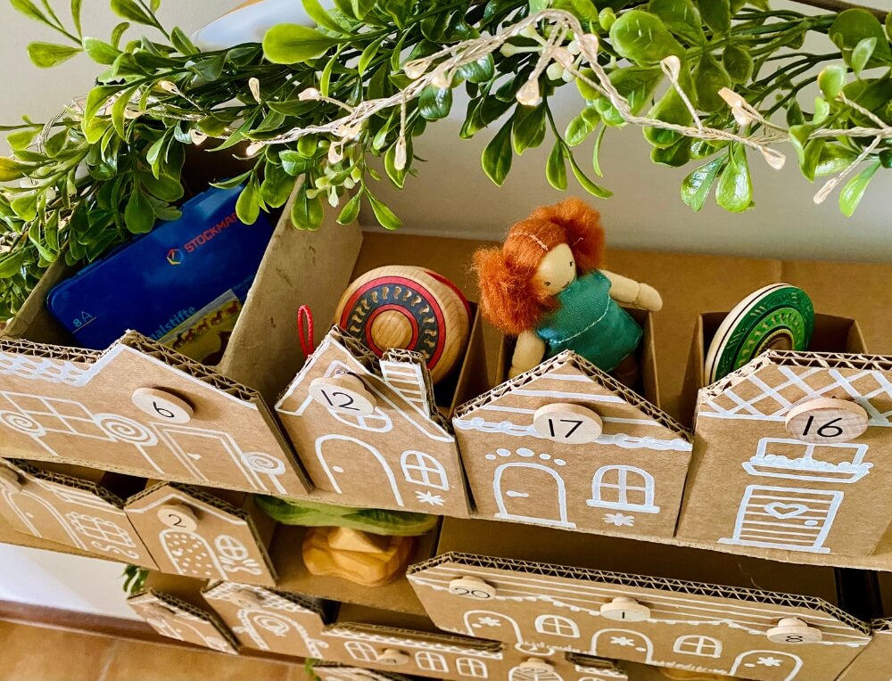 DIY Cardboard Box Advent Calendar with little fillers and eco children's gifts from Oskar's Wooden Ark for the countdown to Christmas