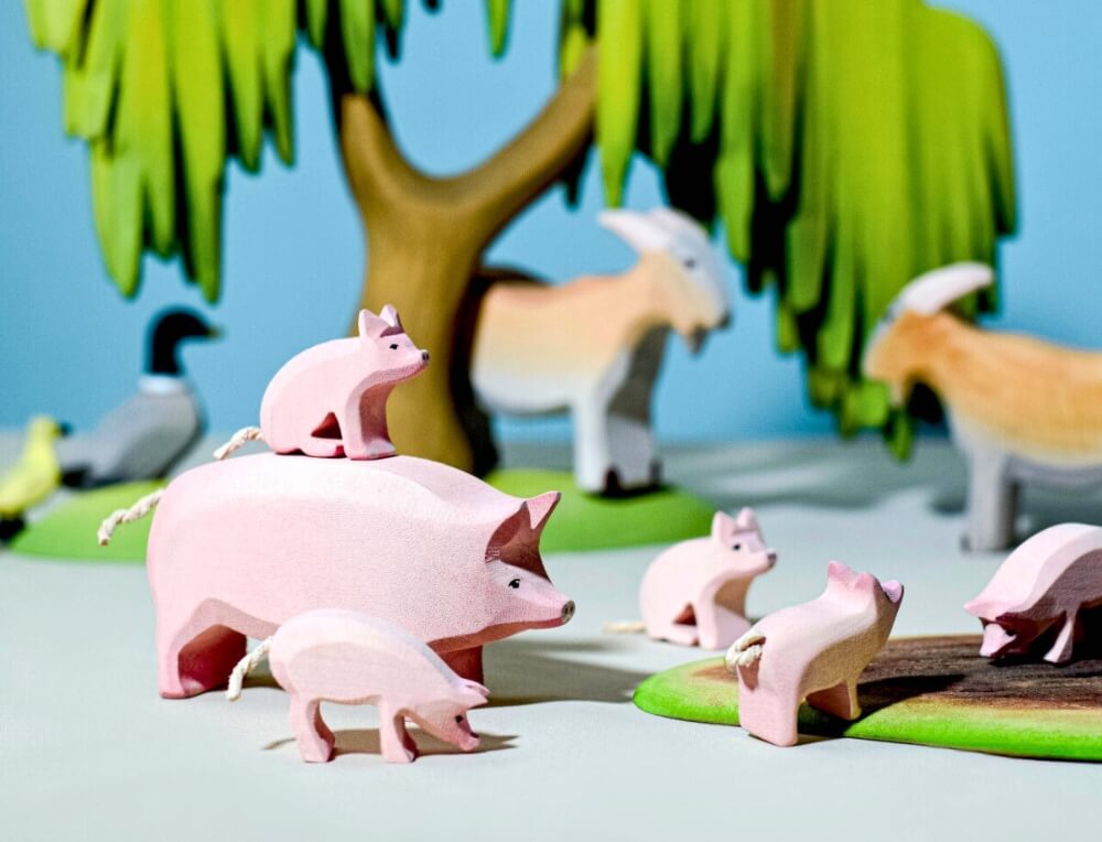 Farm small world play scene with Bumbu wooden animal figurines from Bumbu Wooden Toys from Oskar's Wooden Ark in Australia