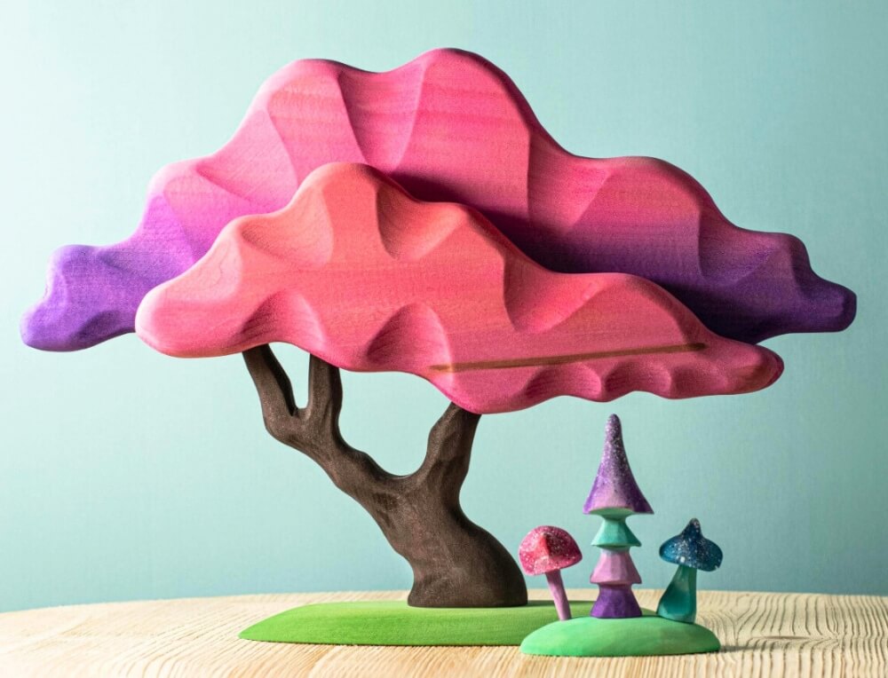 Enchanted pink tree and small world play landscape using Bumbu figurines from Oskar's Wooden Ark in Australia