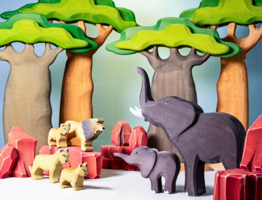 African animals safari small world play scene with Bumbu wooden animal figurines from Bumbu Wooden Toys from Oskar's Wooden Ark in Australia