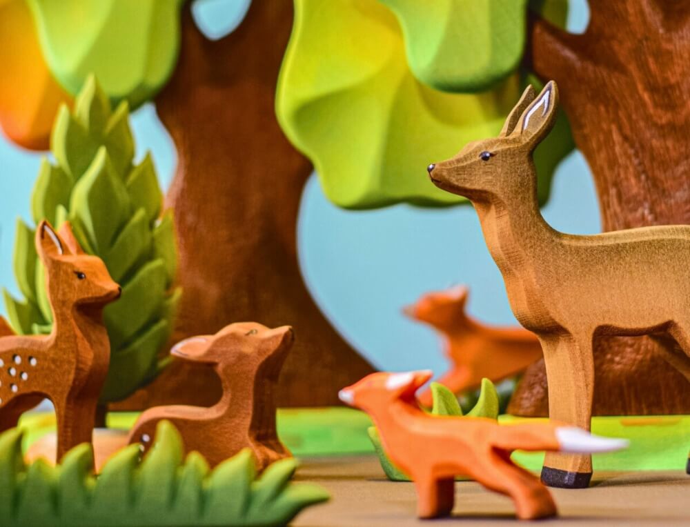 Woodland play scene with Bumbu wooden animal figurines from Bumbu Wooden Toys from Oskar's Wooden Ark in Australia