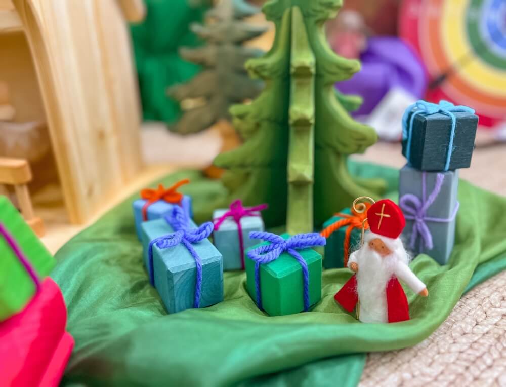 Christmas Small World Play Scenes with Ambrosius Saint Nicholas, Bumbu Chritsmas Trees and Grim's presents from Oskar's Wooden Ark in Australia