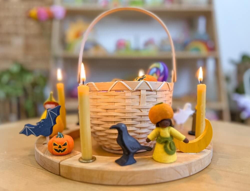 Halloween themed Grimm's celebration ring with BUMBU Halloween wooden figures and Ambrosius felt fairy at Oskar's Wooden Ark in Australia