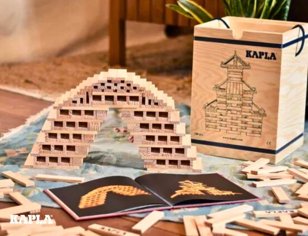 Wooden blocks construction using natural classic KAPLA building planks at Oskar's Wooden Ark in Australia