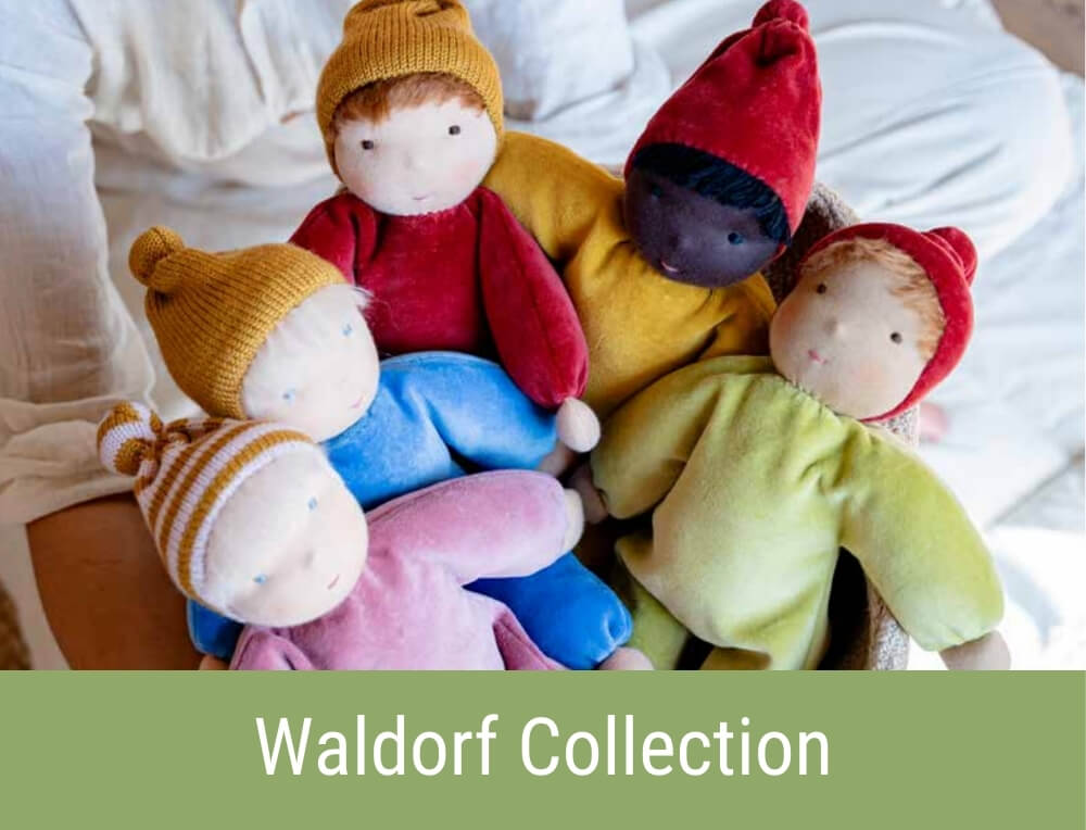 Doll play with handcrafted Kathe Kruse Waldorf cuddly dolls in an assortment of colours from Oskar's Wooden Ark in Australia