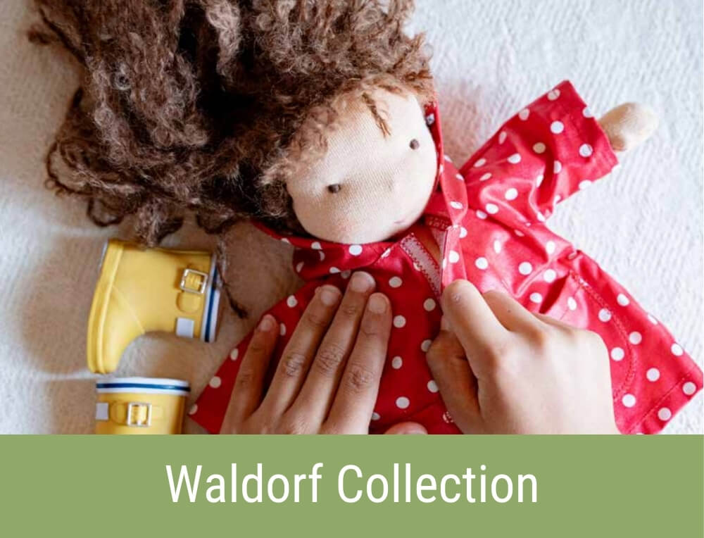 Doll play with handcrafted Kathe Kruse Waldorf Play Doll and accessories from Oskar's Wooden Ark in Australia