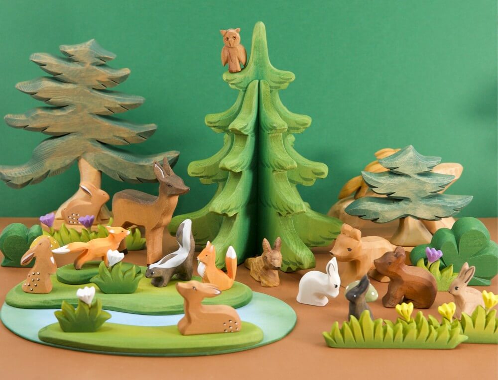 Woodland and Meadow small world scene with handcrafted wooden animal figurines, trees and landscapes at Oskar's Wooden Ark in Australia