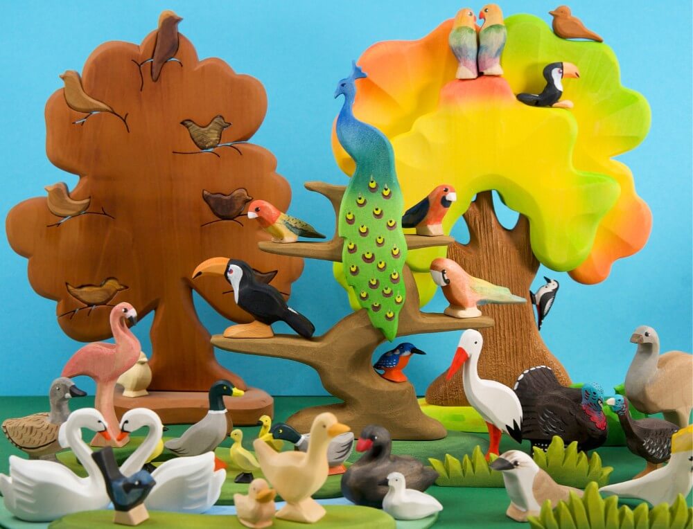 Birds and Feathered Friends small world scene with handcrafted wooden bird figurines at Oskar's Wooden Ark in Australia