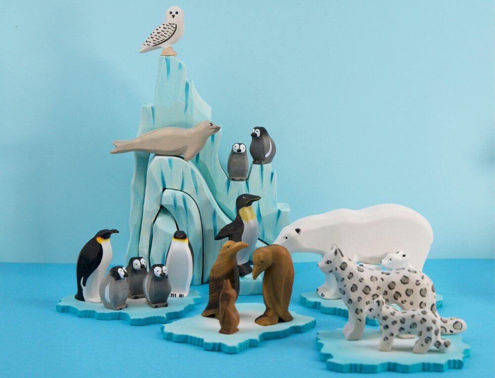 Polar small world scene with handcrafted wooden Ice dwellers figurines at Oskar's Wooden Ark in Australia