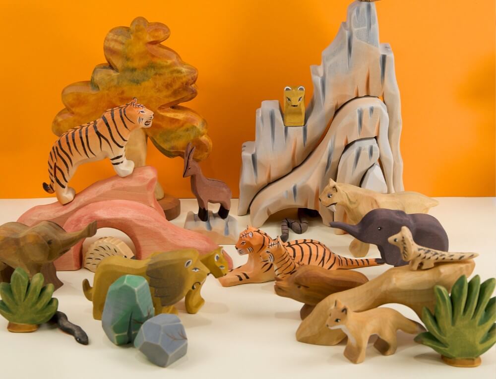 Wild Animal Kingdom small world scene with handcrafted wooden African, Australian and Jungle animal figurines at Oskar's Wooden Ark in Australia