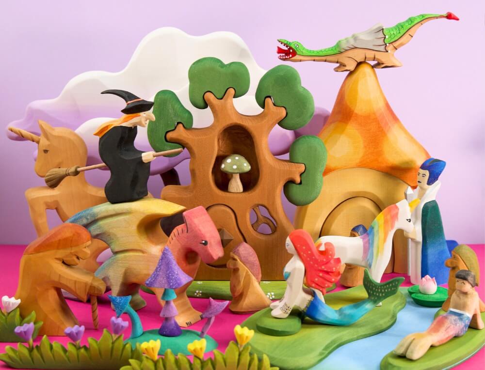 Mythical and Enchanted Lands small world scene with wooden unicorns, dragons and figurines at Oskar's Wooden Ark in Australia