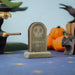 BumbuToys Wooden Halloween 2024 Gravestone in Spooky Small World Play Scene - with Pumpkins and Witch on Broomstick in the Background