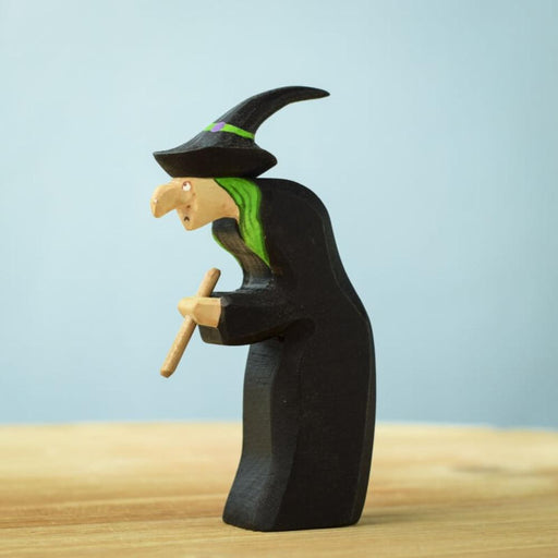 BumbuToys Wooden Brewing Witch Halloween Figure with Black Cloak, Crooked Nose, Witch's Hat and Stirring Stick