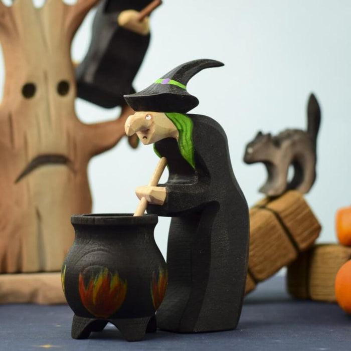 BumbuToys Brewing Witch Wooden Halloween Figure in Small World Scene Stirring Cauldron