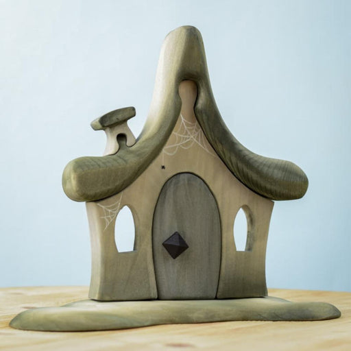 BumbuToys Wooden Witch's Hut with Cobweb Detailing and Chimney for Small World Play 