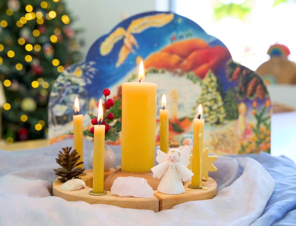 Advent Celebration Ring with Beeswax Candle, Ambrosius Fairies and Mercurius Advent Calendar for a meaningful family Advent