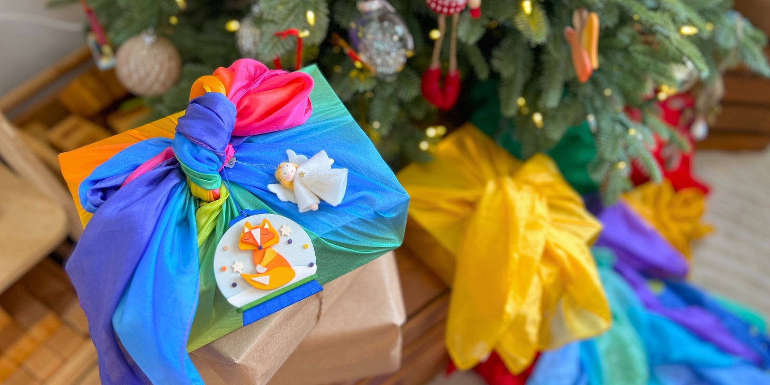 Eco Christmas gift wrapping with playsilks from Sarah's Silks at Oskar's Wooden Ark in Australia