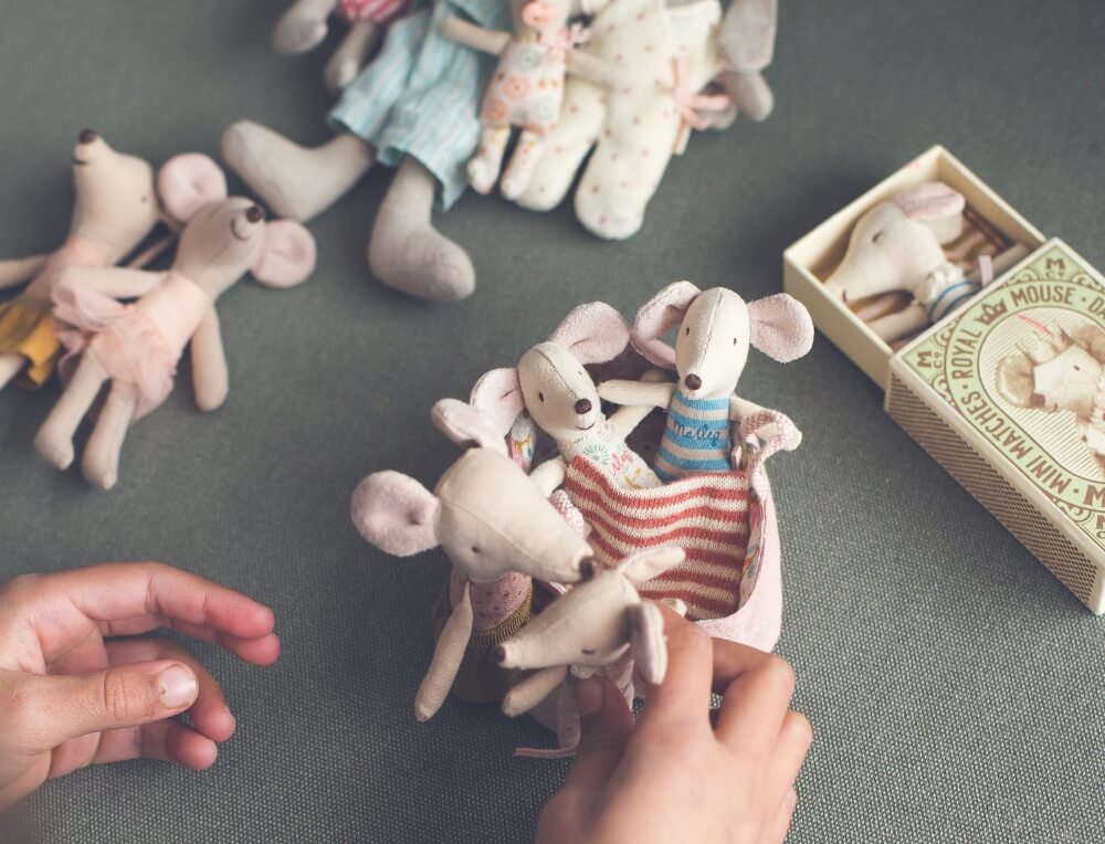 Doll play with soft Maileg mice family from Oskar's Wooden Ark in Australia