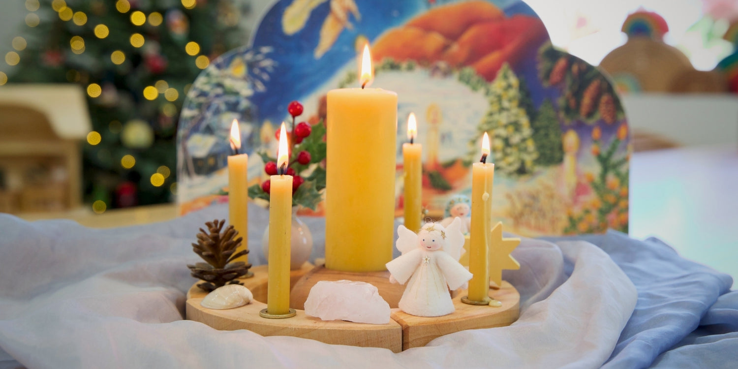 Celebrating Advent with Grimm's Celebration wheel, candles and traditional advent calendar at Oskar's Wooden Ark in Australia