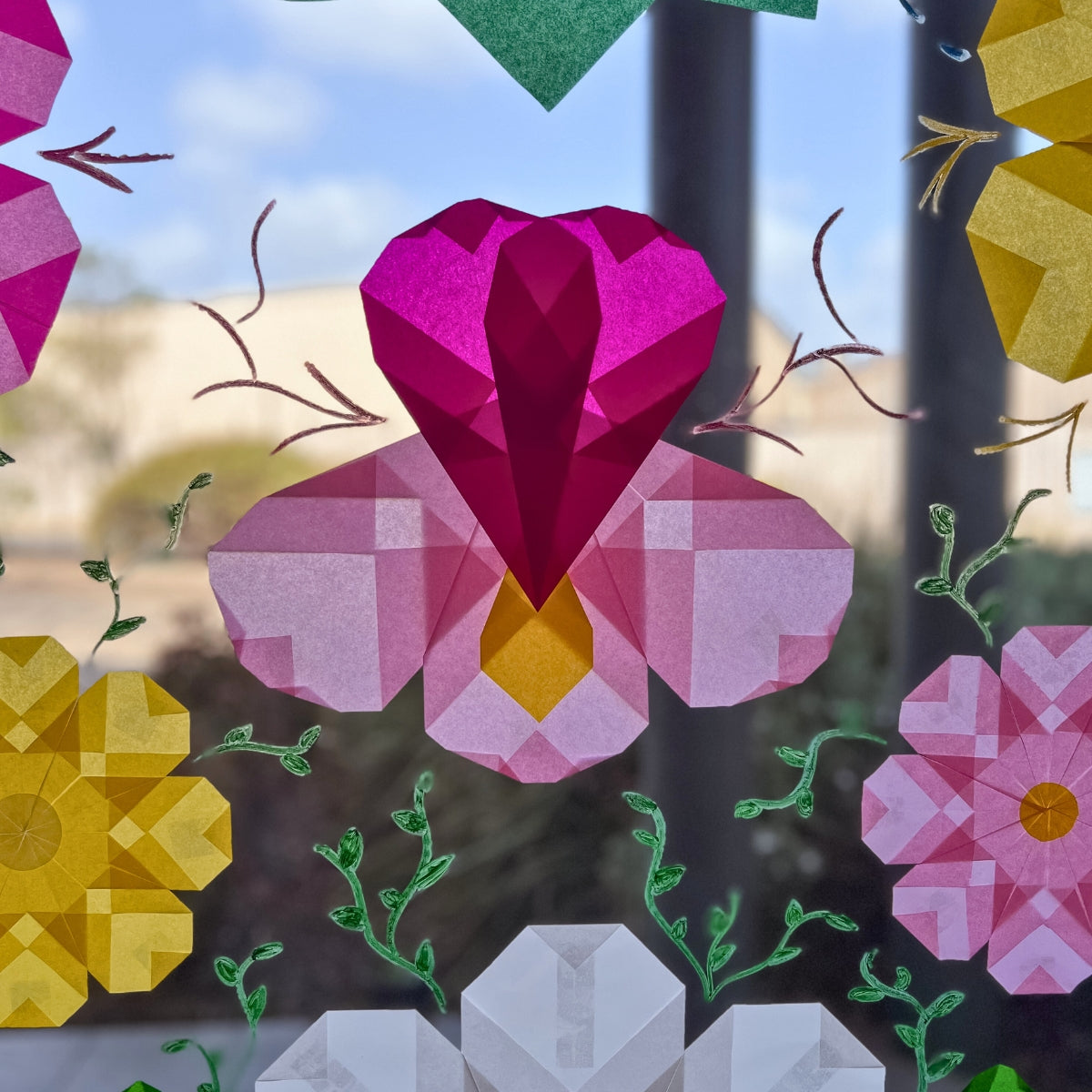 DIY Window Art Spring Flower Decor using coloured translucent Folding Papers from Australia