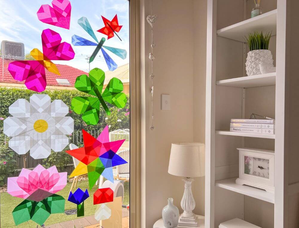 Kite Paper & Translucent Silk Tissue Paper Folded Flowers, Waldorf Star and Butterfly Window Decor by Oskar's Wooden Ark in Australia