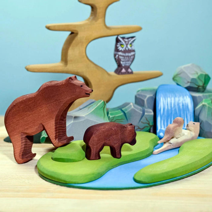BumbuToys Handcrafted Wooden Animal Brown Bear from Australia in a small-world play setting