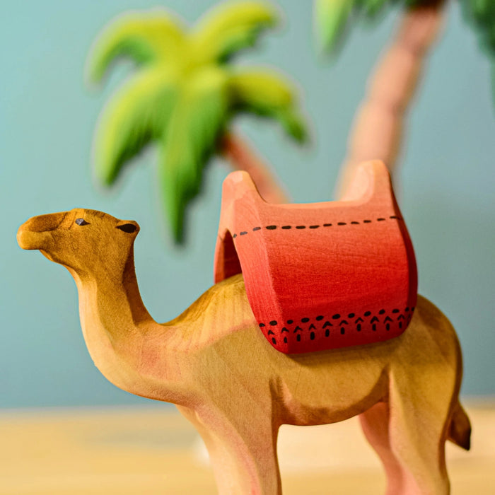 BumbuToys Handcrafted Wooden Camel with Saddle Set for Small World Play from Australia