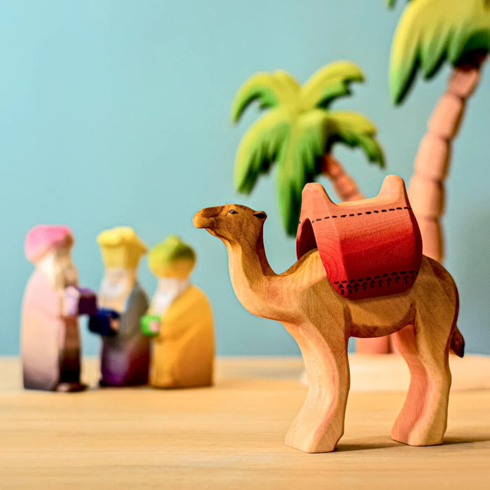 BumbuToys Handcrafted Wooden Camel with Saddle Set for Small World Play from Australia