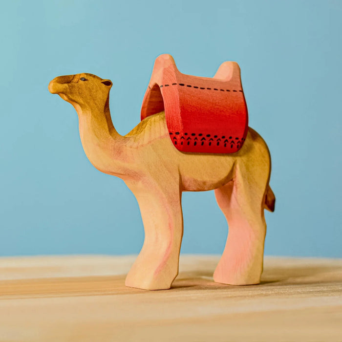 BumbuToys Handcrafted Wooden Camel with Saddle Set for Small World Play from Australia