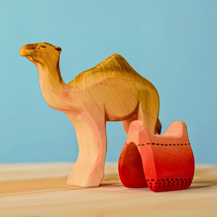 BumbuToys Handcrafted Wooden Camel with Saddle Set for Small World Play from Australia