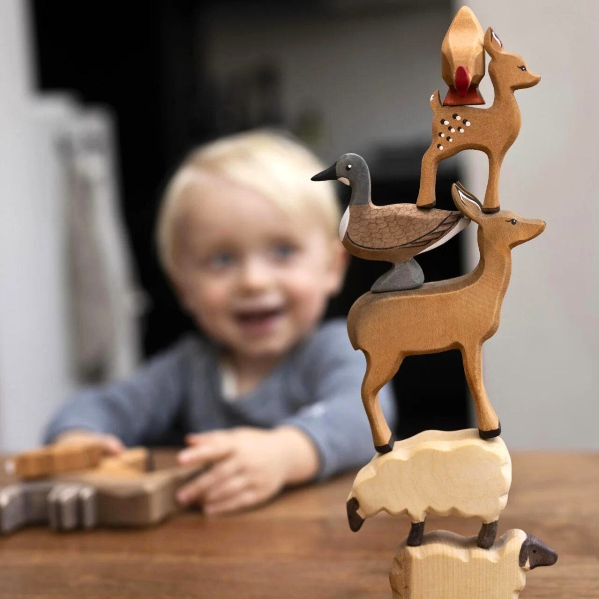 BumbuToys Handcrafted Wooden Animal Deer Doe from Australia in a small-world play setting