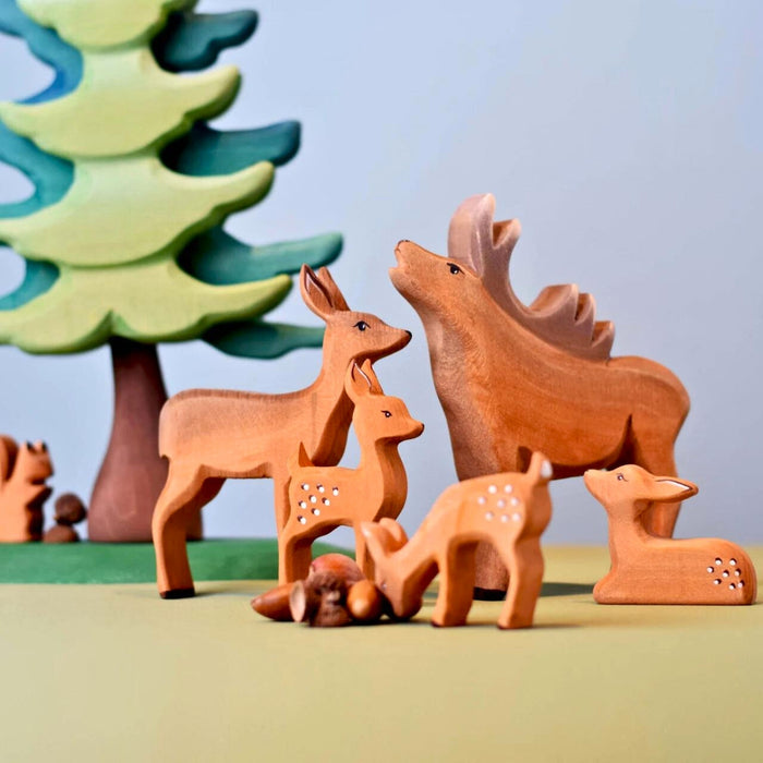 BumbuToys Handcrafted Wooden Animal Deer Stag from Australia in a small-world play setting