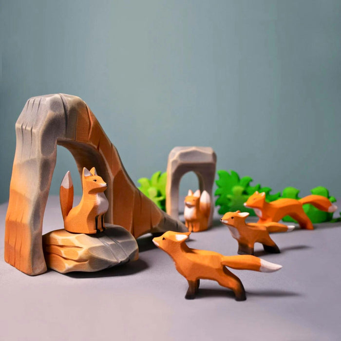BumbuToys Handcrafted Wooden Animal Baby Fox Cub from Australia in a small-world play setting