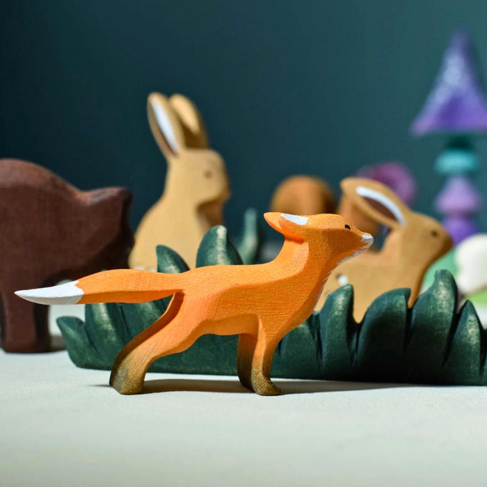 BumbuToys Handcrafted Wooden Animal Baby Fox Cub from Australia in a small-world play setting