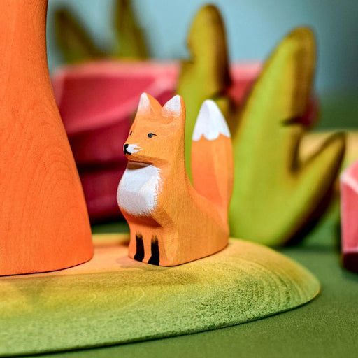 BumbuToys Handcrafted Wooden Animal Sitting Fox Cub from Australia in a small-world play setting