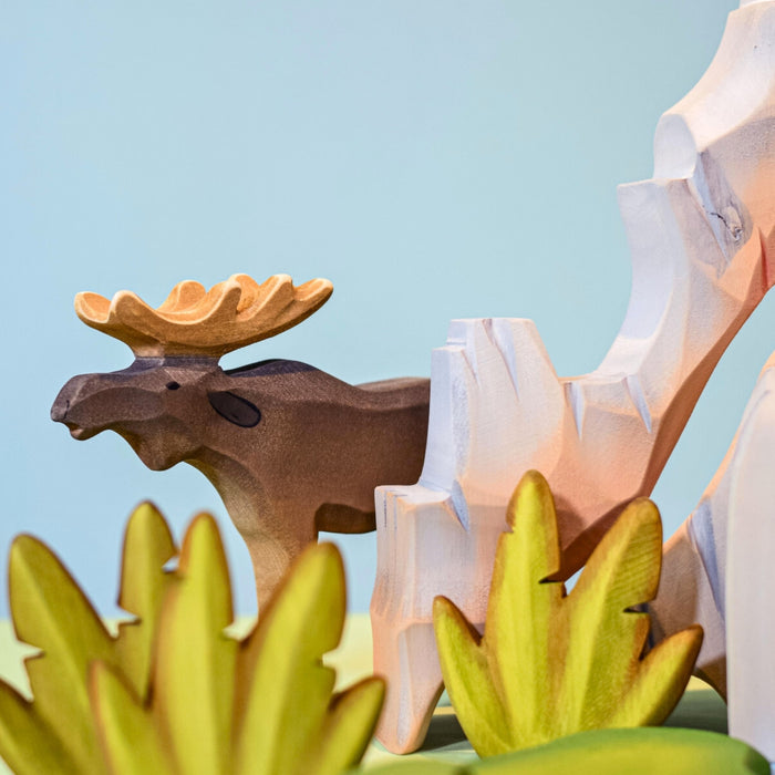 BumbuToys Handcrafted Wooden Animal Male Moose from Australia in a small-world play setting