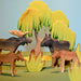 BumbuToys Handcrafted Wooden Animal Moose Family Set of 3 from Australia in a small-world play setting