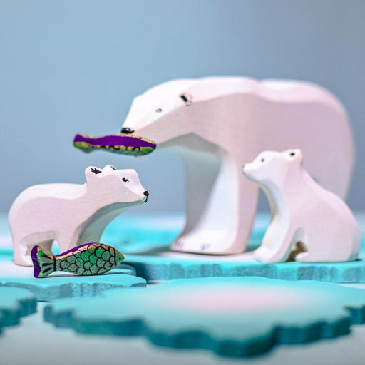 BumbuToys Handcrafted Wooden Animal Polar Bear from Australia in a small-world play setting