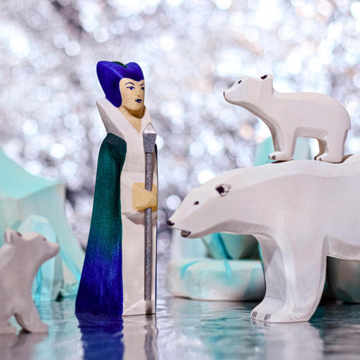 BumbuToys Handcrafted Wooden Snow Queen Figure, Sleigh, and White Horse Set from Australia