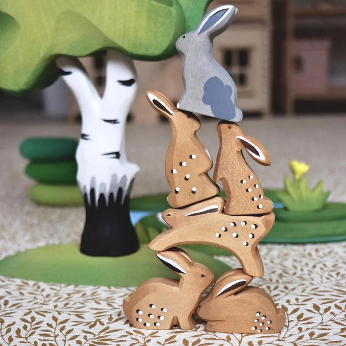 BumbuToys Handcrafted Wooden Animal Sitting Grey Rabbit from Australia in a small-world play setting