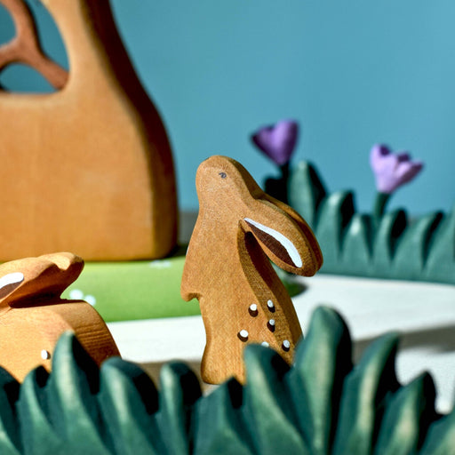 BumbuToys Handcrafted Wooden Animal Curious Rabbit from Australia in a small-world play setting