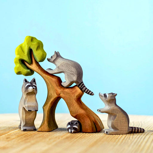 BumbuToys Wooden Handcrafted Animal and Hollow Tree Figures Raccoon Family Set of 5 for Small World Play from Australia