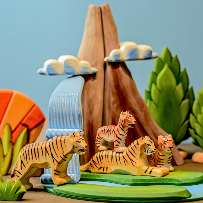 BumbuToys Handcrafted Wooden Animal Tiger from Australia in a small-world play setting