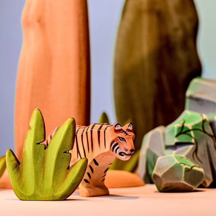 BumbuToys Handcrafted Wooden Animal Tiger from Australia in a small-world play setting