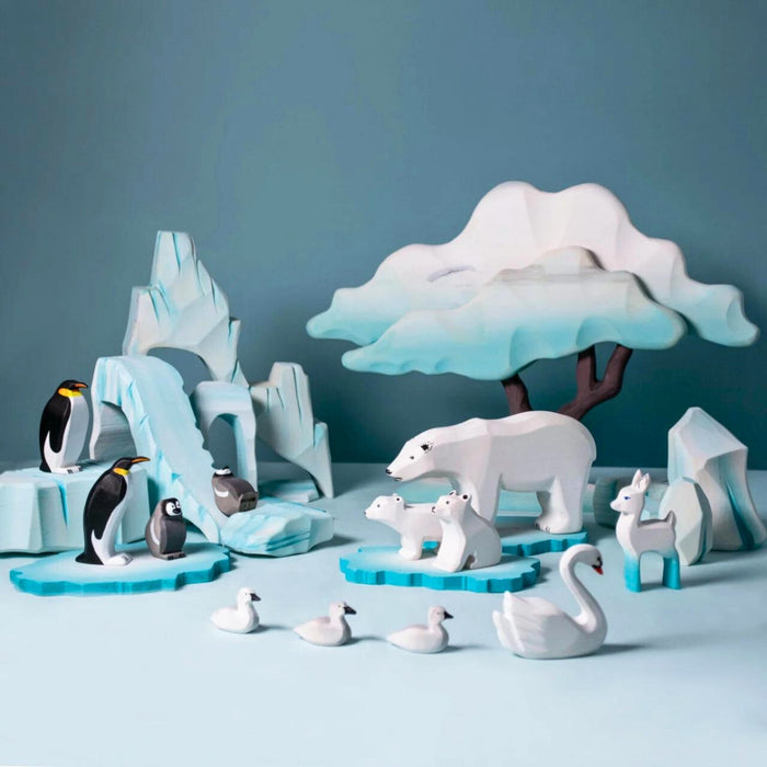BumbuToys Handcrafted Wooden Polar Antartic and Arctic Animals from Australia in a small-world play setting