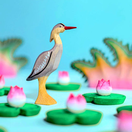 BumbuToys Handcrafted Wooden Bird Grey Heron from Australia in a small-world play setting