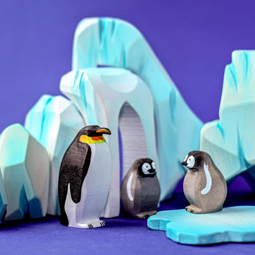 BumbuToys Handcrafted Wooden Bird Emperor Penguin Family Set from Australia in a small-world play setting