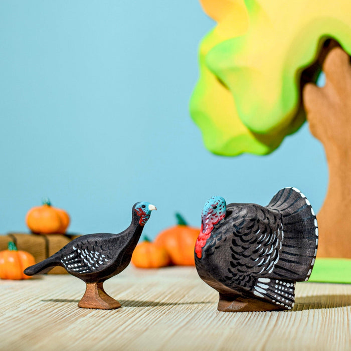 BumbuToys Handcrafted Wooden Turkey Birds from Australia in a small-world farm play setting
