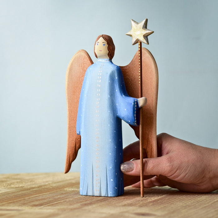 BumbuToys Handcrafted Wooden Christmas Figure Angel with Shining Star for Small World Play from Australia